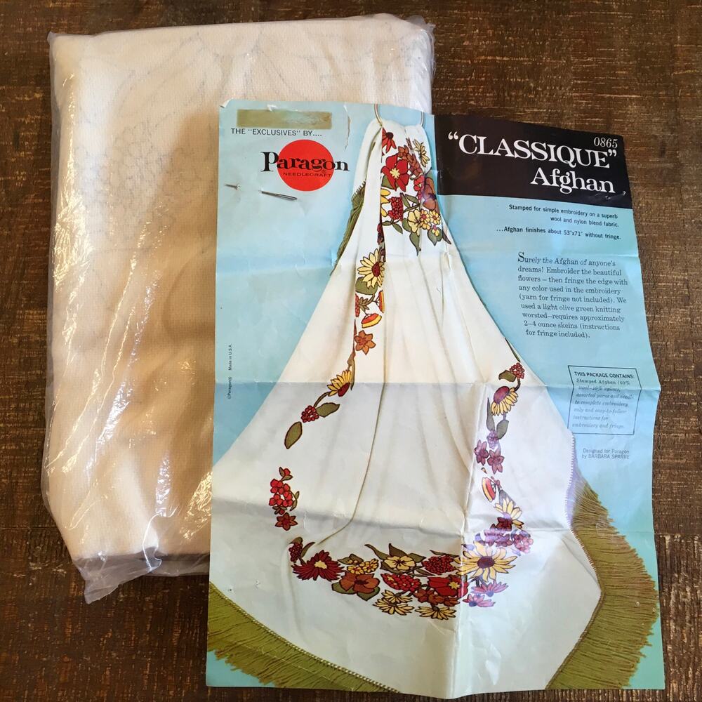 Paragon Classique Afghan Kit Stamped Blanket Floral Embroidery 53"x71" Vintage